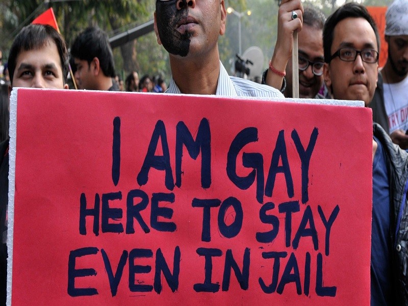NEW DELHI, INDIA - DECEMBER 15: LGBT (lesbian, gay, bisexual and transgender) activists protest against Supreme Court's judgement on Section 377 that upheld section 377 of the Indian Penal Code that criminalizes homosexuality at Jantar Mantar on December 15, 2013 in New Delhi, India. India's Supreme Court last week reversed a landmark 2009 lower court order that had decriminalized gay sex. (Photo by Mohd Zakir/Hindustan Times via Getty Images)
