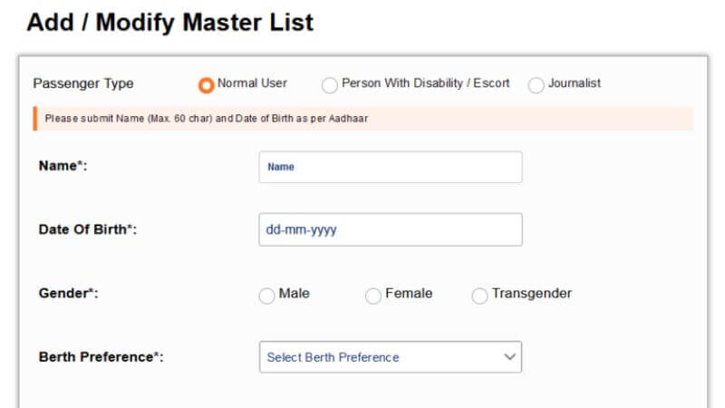 Master List Modify Tatkal Ticket