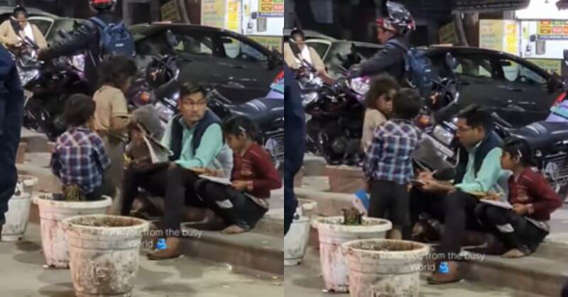 Man Teaching Homeless Kids On Delhi Footpath
