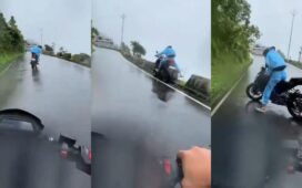 Biker Loses Control Slippery Hill Road Video