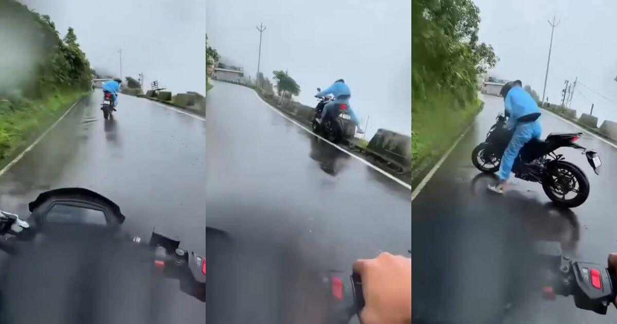 Biker Loses Control Slippery Hill Road Video