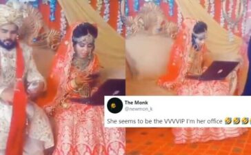 Bride working on her laptop wedding