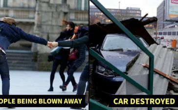 People falling and car destroyed in Friederike