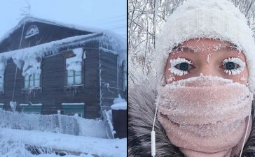 Villager and town freezing in the cold at Oymyakon