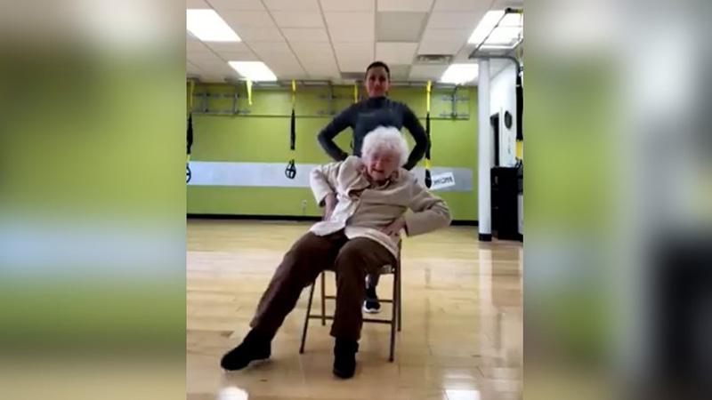 93 year old doing workout is so cute